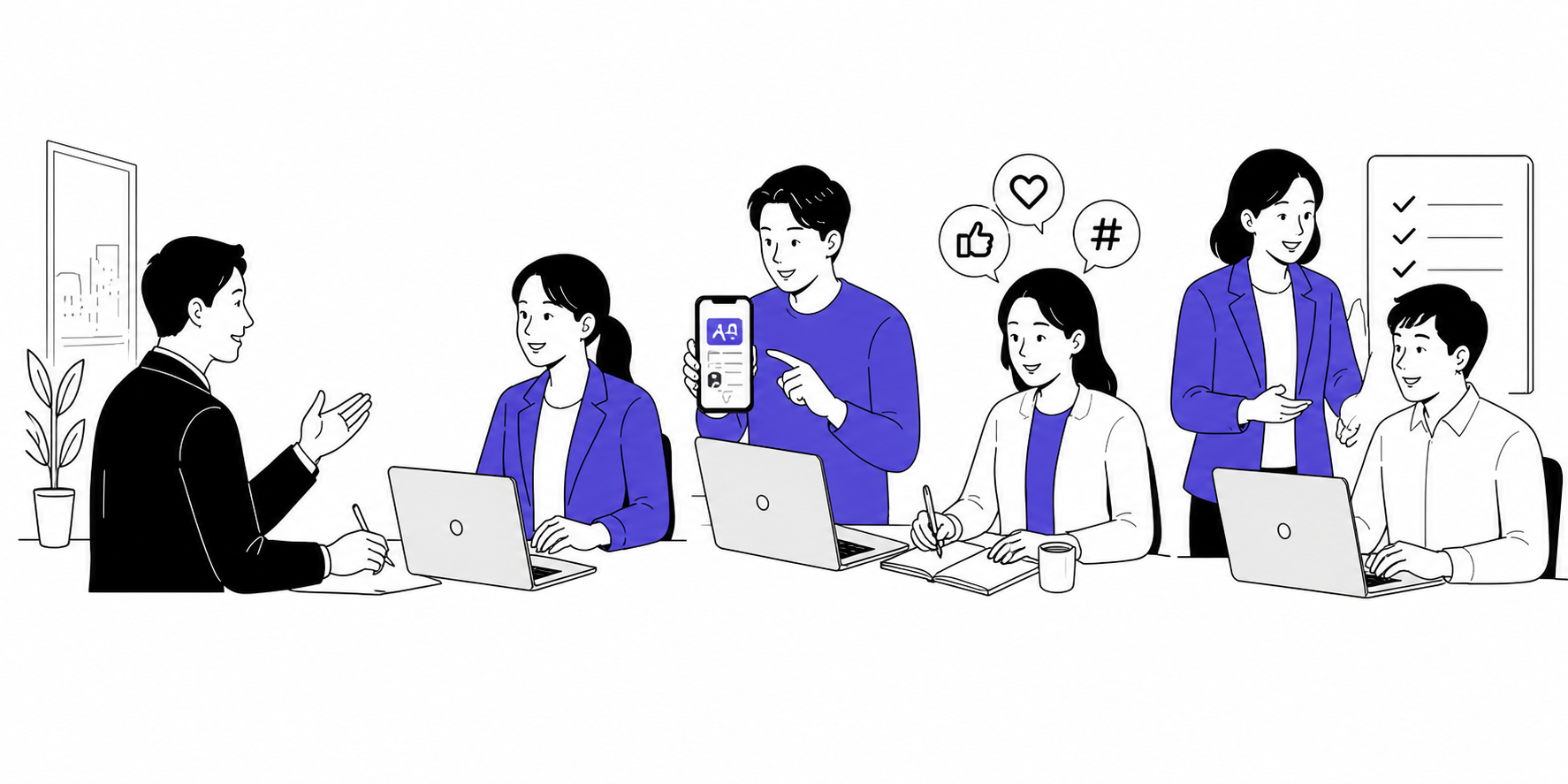 お客様の相談を受け、Web広告・SNSの担当者と、社内担当者の育成を支援する講師が連携するイメージ